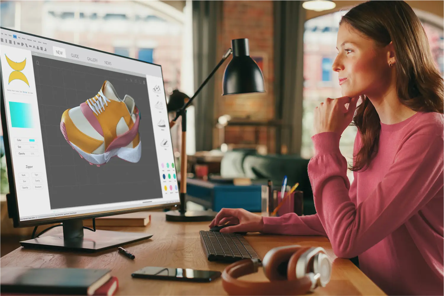 Woman customizing 3D sneaker design on computer