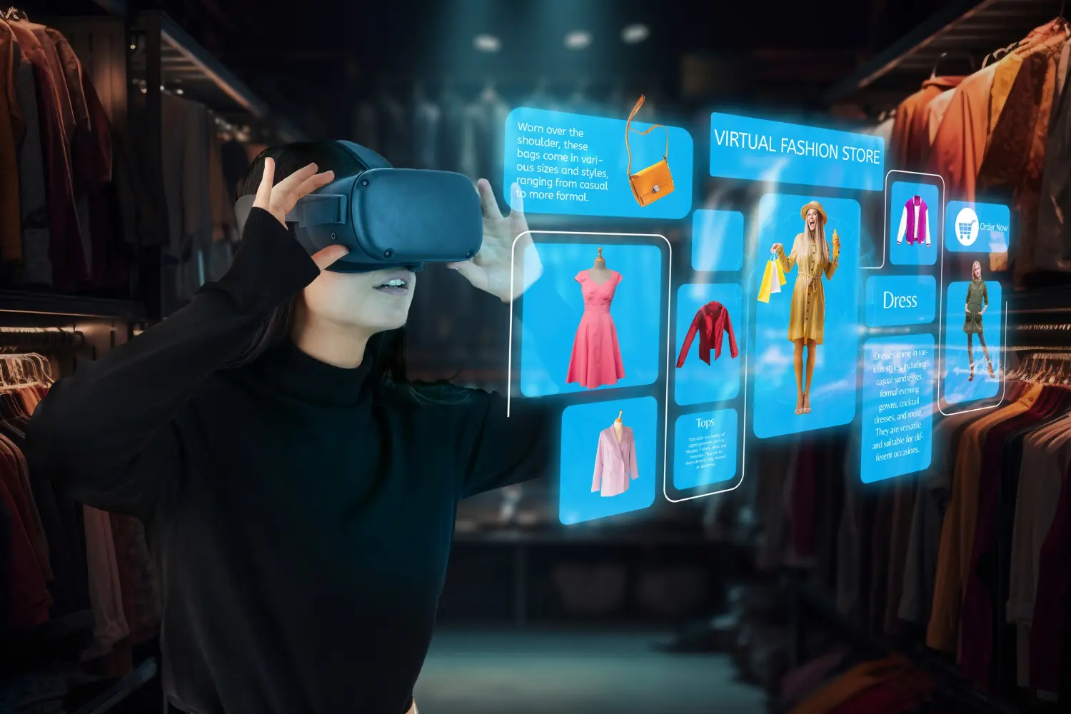 A woman is looking at a virtual store